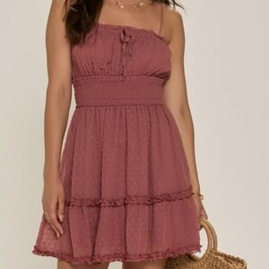 Francesca’s Collections Trixxi Clip Dot tiered mini dress, Swiss Dot Mauve M NEW